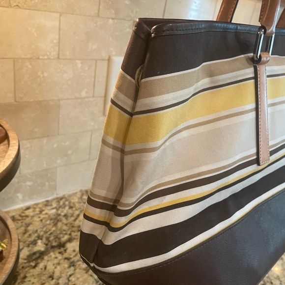 Coach Leather Canvas Striped Brown Yellow & Tan Satchel Bag - Picture 4 of 9